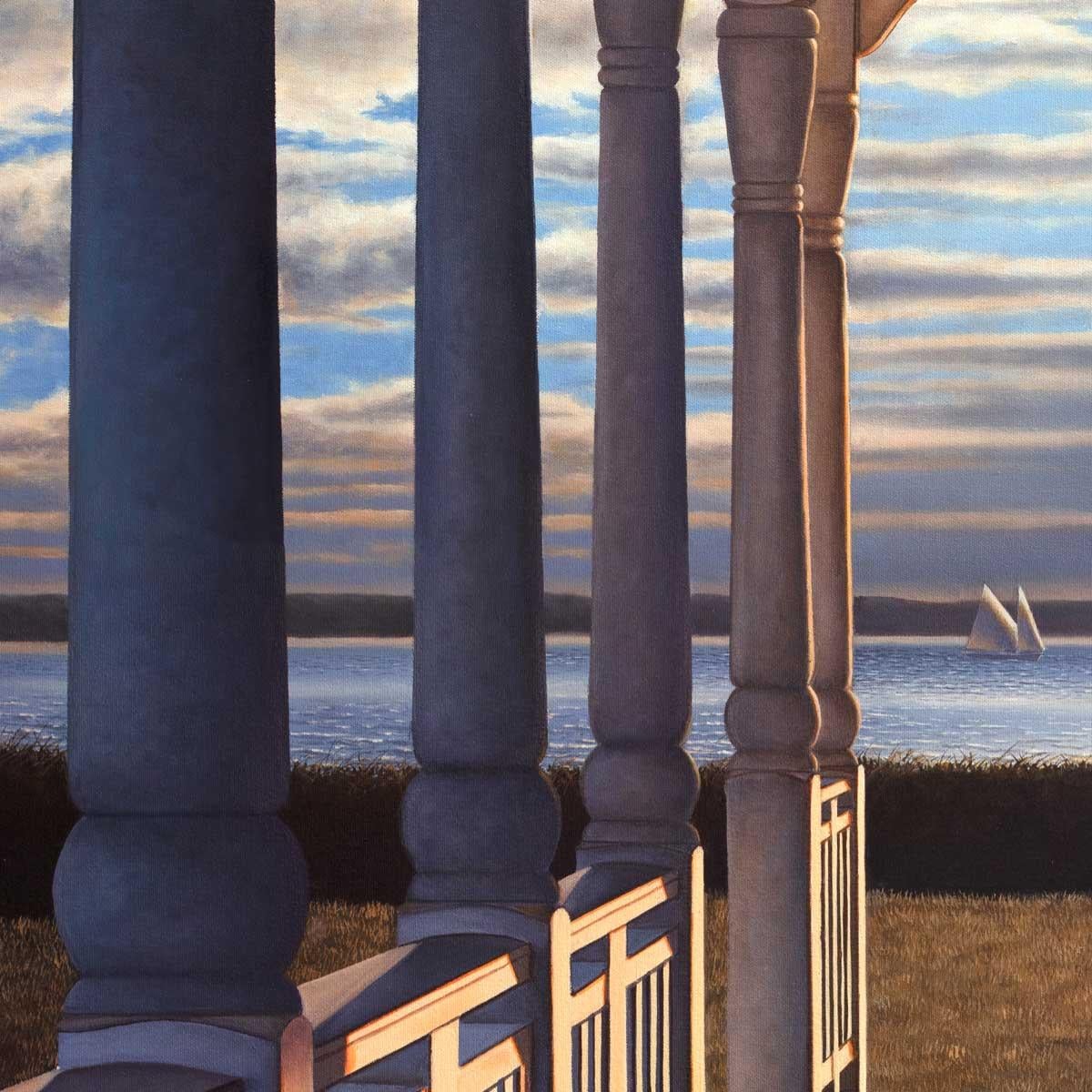 This contemporary realist Limited Edition print by Daniel Pollera is rendered from the perspective of a view from a beach house porch, looking out toward a body of water. Two Adirondack chairs are positioned on the grass between the edge of the