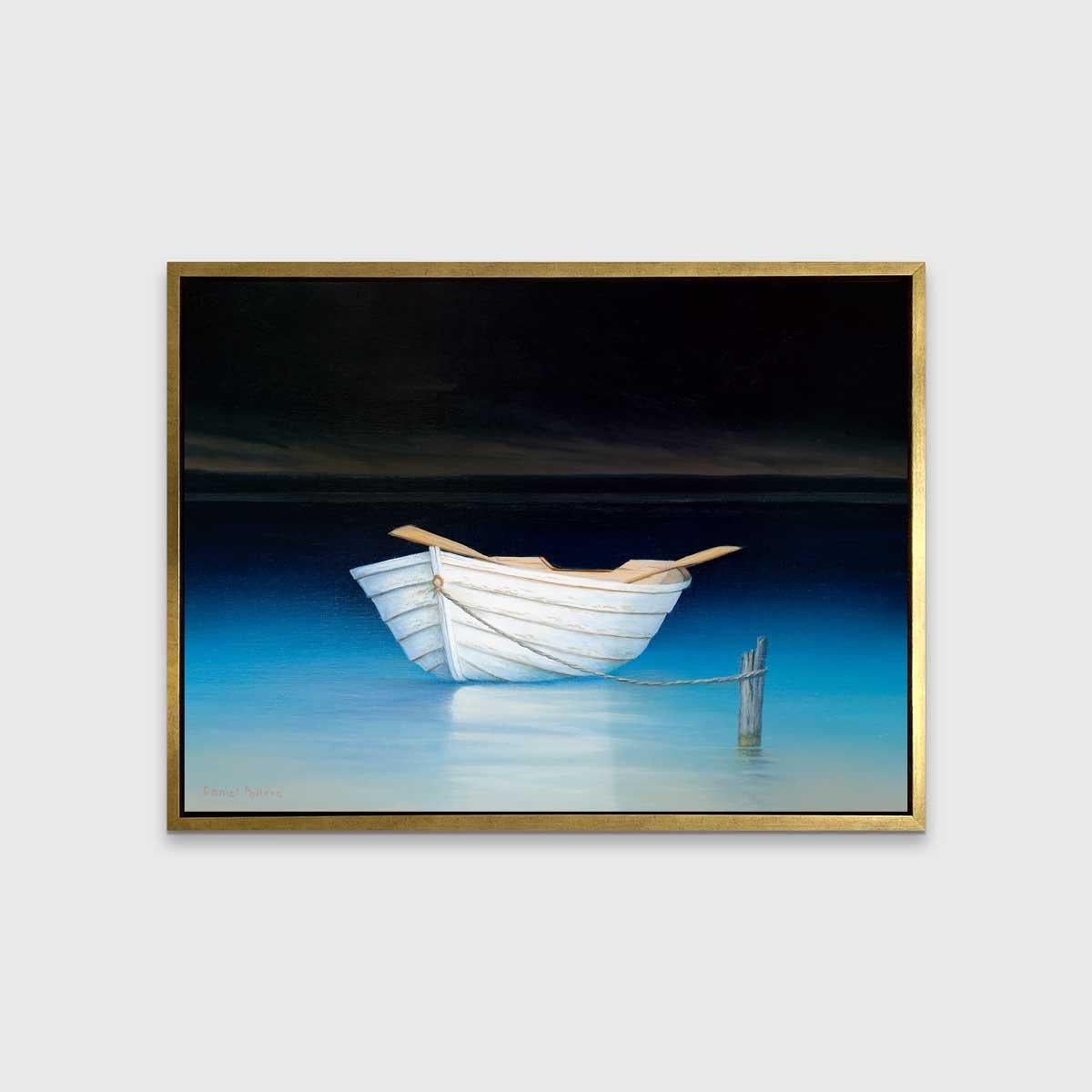 This coastal Limited Edition print by Daniel Pollera features a white row boat with two ores resting on either side of the boat's edge. It is tied to a wooden post in the water with a rope, floating on serene blue water which fades to nearly black