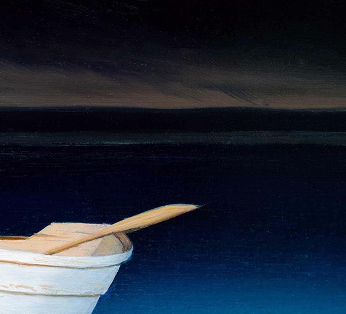 This coastal Limited Edition print by Daniel Pollera features a white row boat with two ores resting on either side of the boat's edge. It is tied to a wooden post in the water with a rope, floating on serene blue water which fades to nearly black