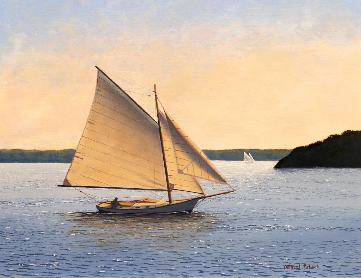 This coastal seascape Limited Edition giclee print by Daniel Pollera captures a sailboat at sunset. A single figure can be seen in the boat itself, navigating past a shadowed coastline covered in trees and foliage, with other white sailboats further