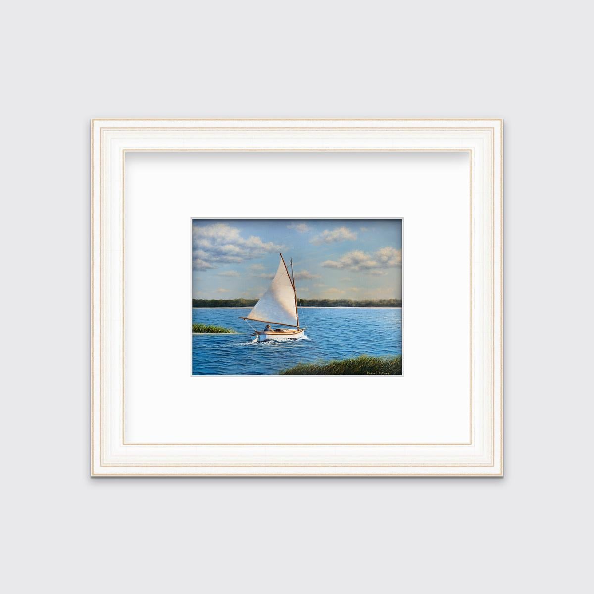 This limited edition print by Daniel Pollera depicts a figure wearing a hat, sitting in a sailboat, sailing out into the open bay. The sailboat creates misty ripples in the water as it sails toward the sun, which can be seen casting light and