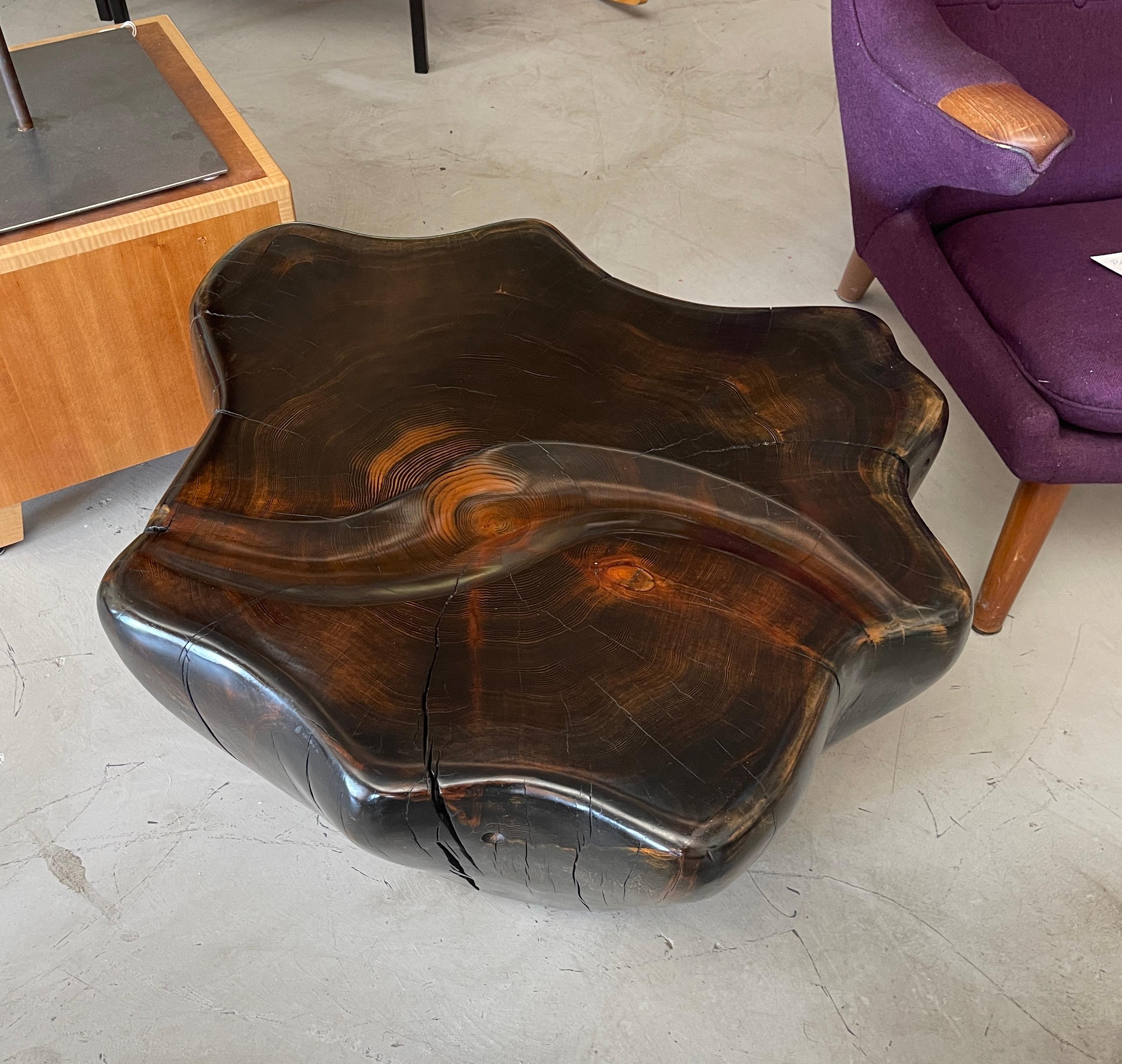 Wonderful organic sculptural table by the High Desert artist Daniel Pollock. We’ve been fortunate to have a few of this talented artist’s work over the years and this piece is a great example his work. Beautiful graining, the artist only uses fallen