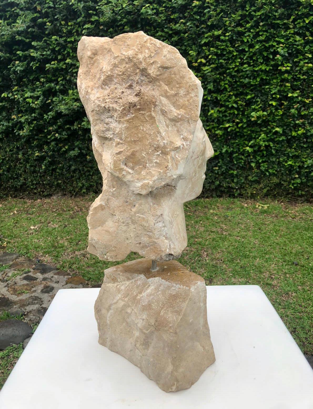 “Yuré” 2022, Tempisque Limestone Head and Base - Black Figurative Sculpture by Daniel Pretiz Beaumont