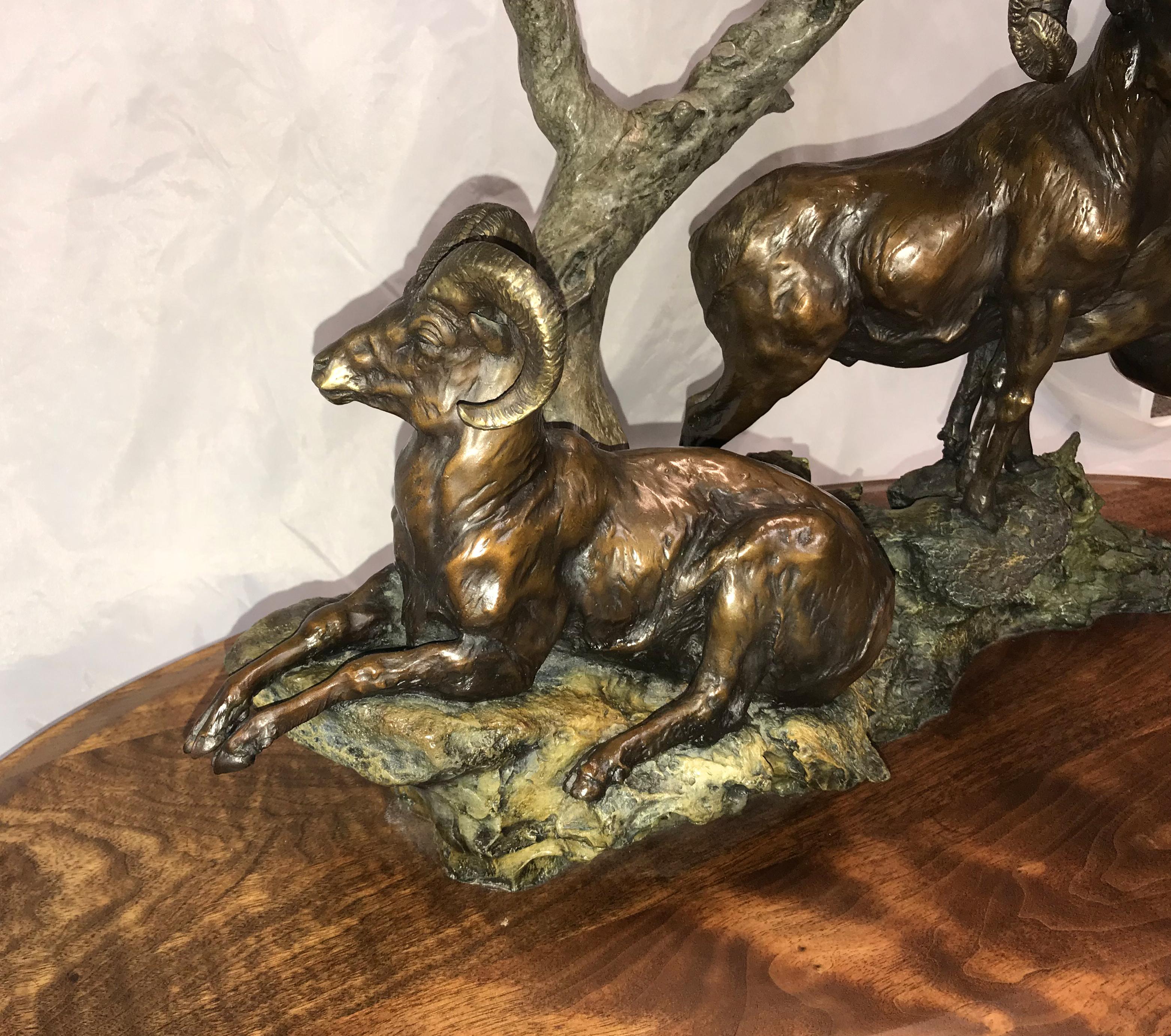 American Daniel Ray Parker Bronze Table Sculpture with Three Rams, Distant Thunder