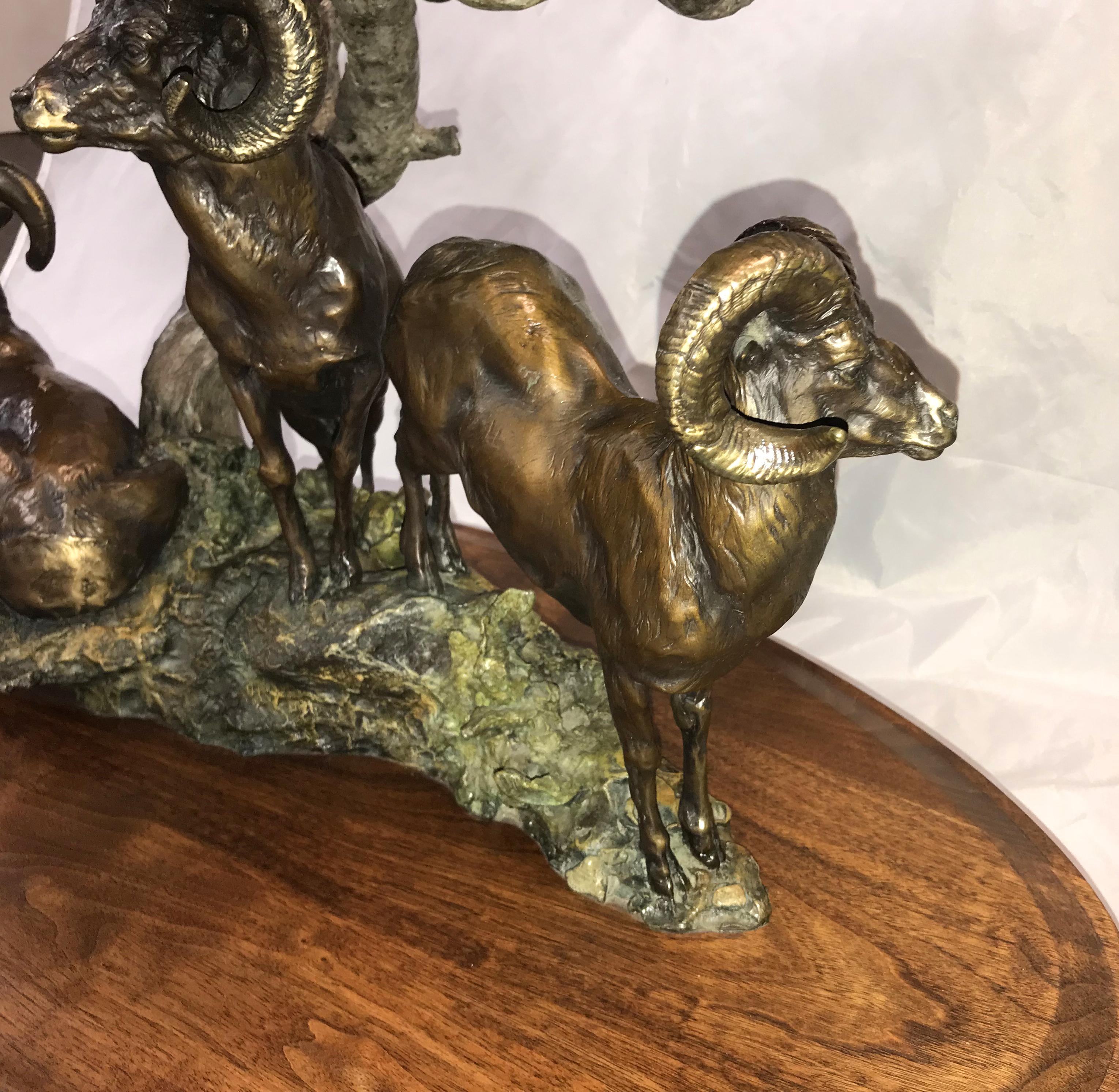 20th Century Daniel Ray Parker Bronze Table Sculpture with Three Rams, Distant Thunder