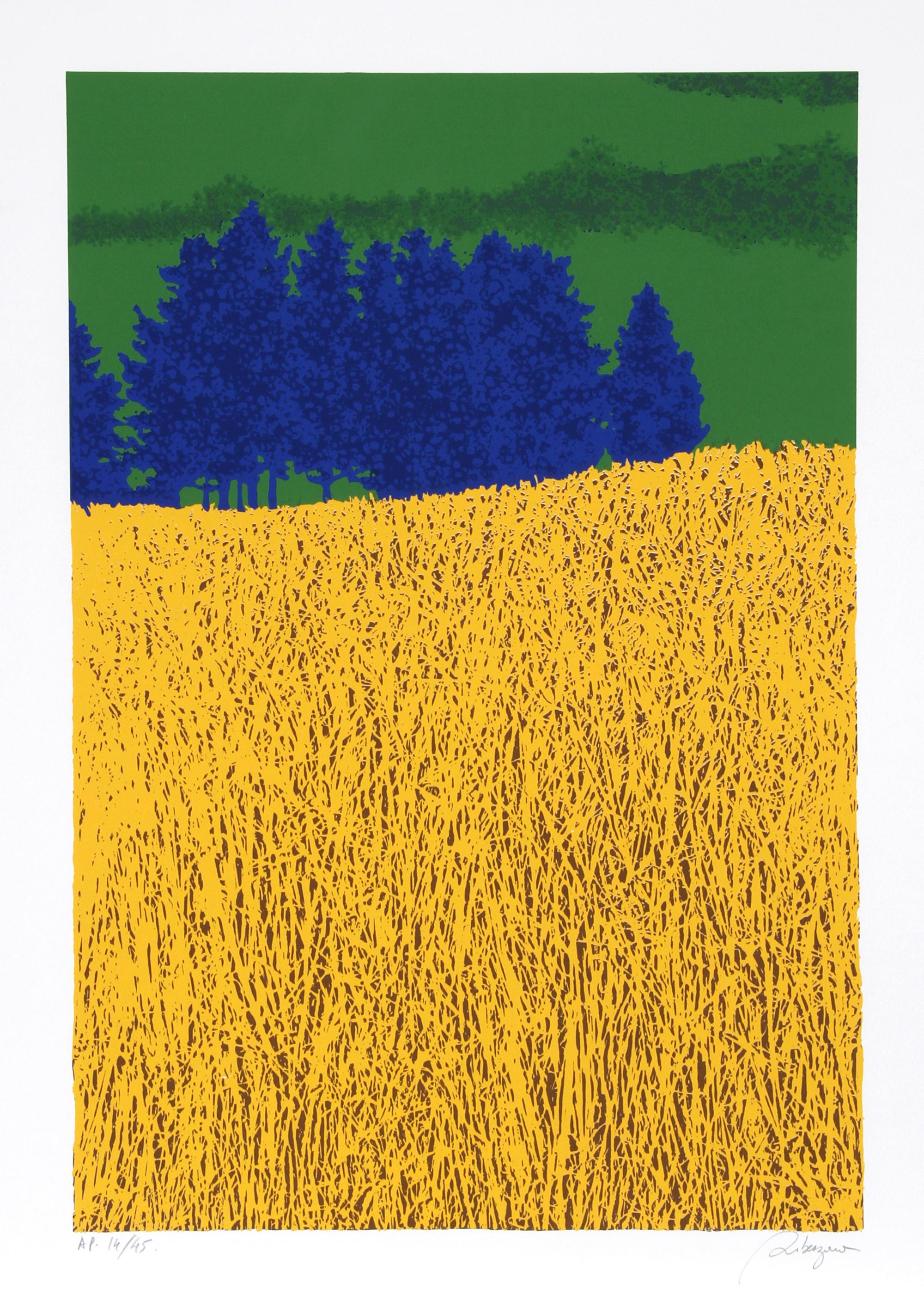 Champ de Blé & Sapins Bleus
Daniel Riberzani, French (1942)
Date: circa 1980
Screenprint on Arches, signed and numbered in pencil
Edition of 300, AP 45
Image Size: 28.5 x 19 inches
Size: 34.5 in. x 24.5 in. (87.63 cm x 62.23 cm)