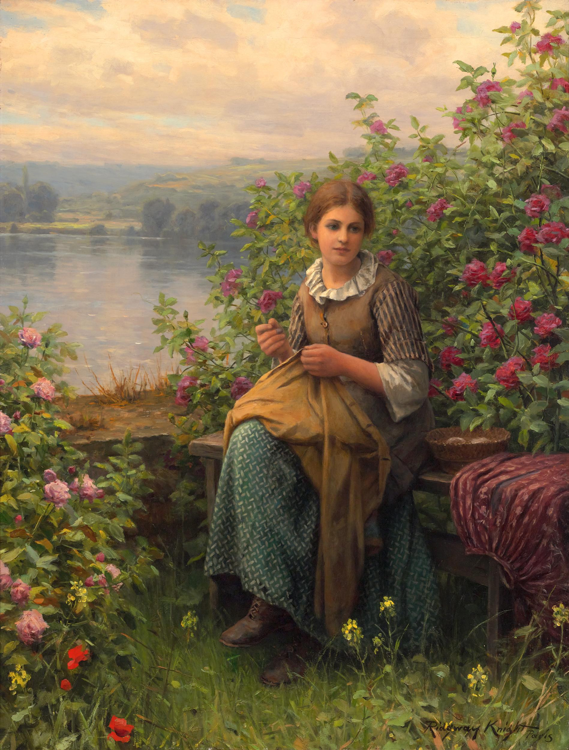 Daniel Ridgway Knight
1839-1924  American 

Mending

Signed lower right
  Oil on canvas 

American painter Daniel Ridgway Knight captures a peasant woman in a tranquil moment of reflection as she sits mending in a meadow in this remarkable