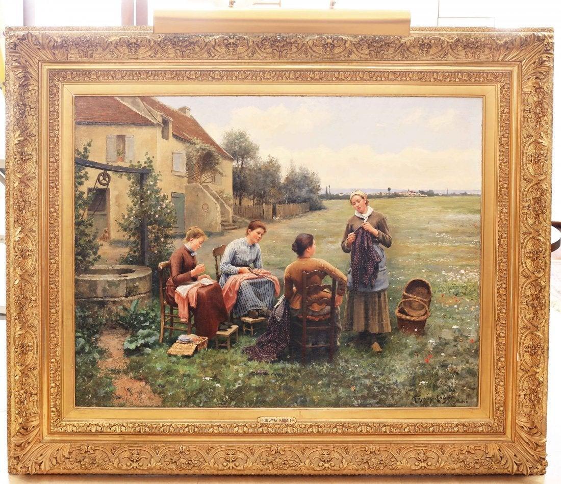 Daniel Ridgway Knight (1839-1924)
The sewing circle
Signed 'Ridgeway Knight Paris' (lower right)
Oil on canvas
In this work titled “The Sewing Circle,” the viewer has stumbled upon a group of women casually sitting and conversing as they sew.
