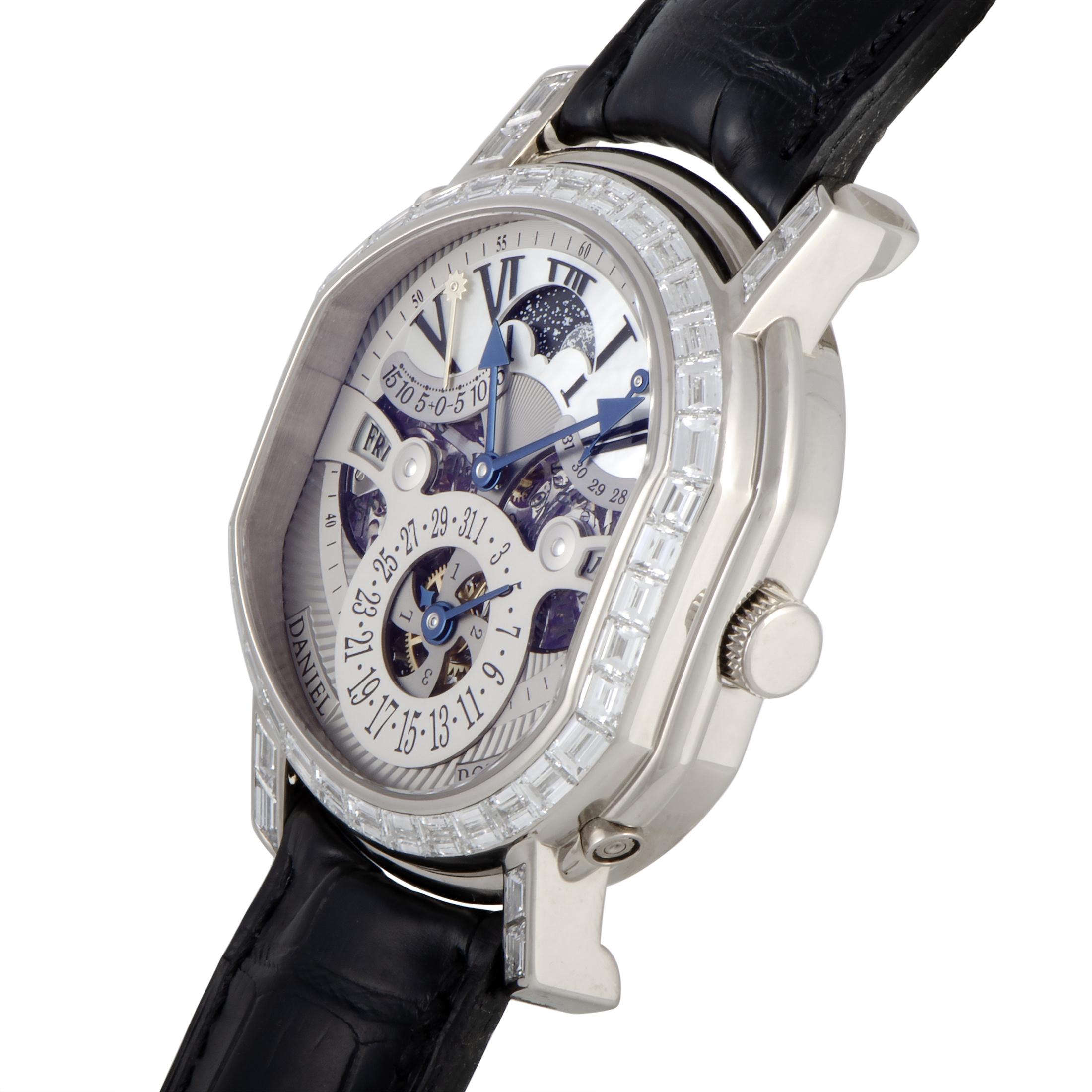 This is a unique Daniel Roth timepiece, presented with a diamond-set 18K white gold case that boasts see-through back. The case is mounted onto a black leather strap fitted with a deployment clasp. Powered by a self-winding movement, this model