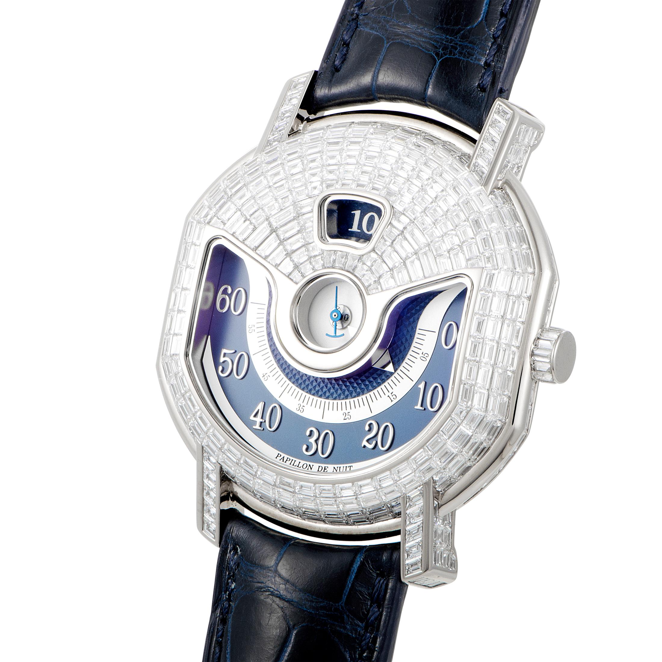 This is a unique Daniel Roth timepiece, presented with a diamond-set 18K white gold case that boasts see-through back. The case is mounted onto a blue leather strap fitted with a diamond-set tang buckle. Powered by a self-winding movement, this