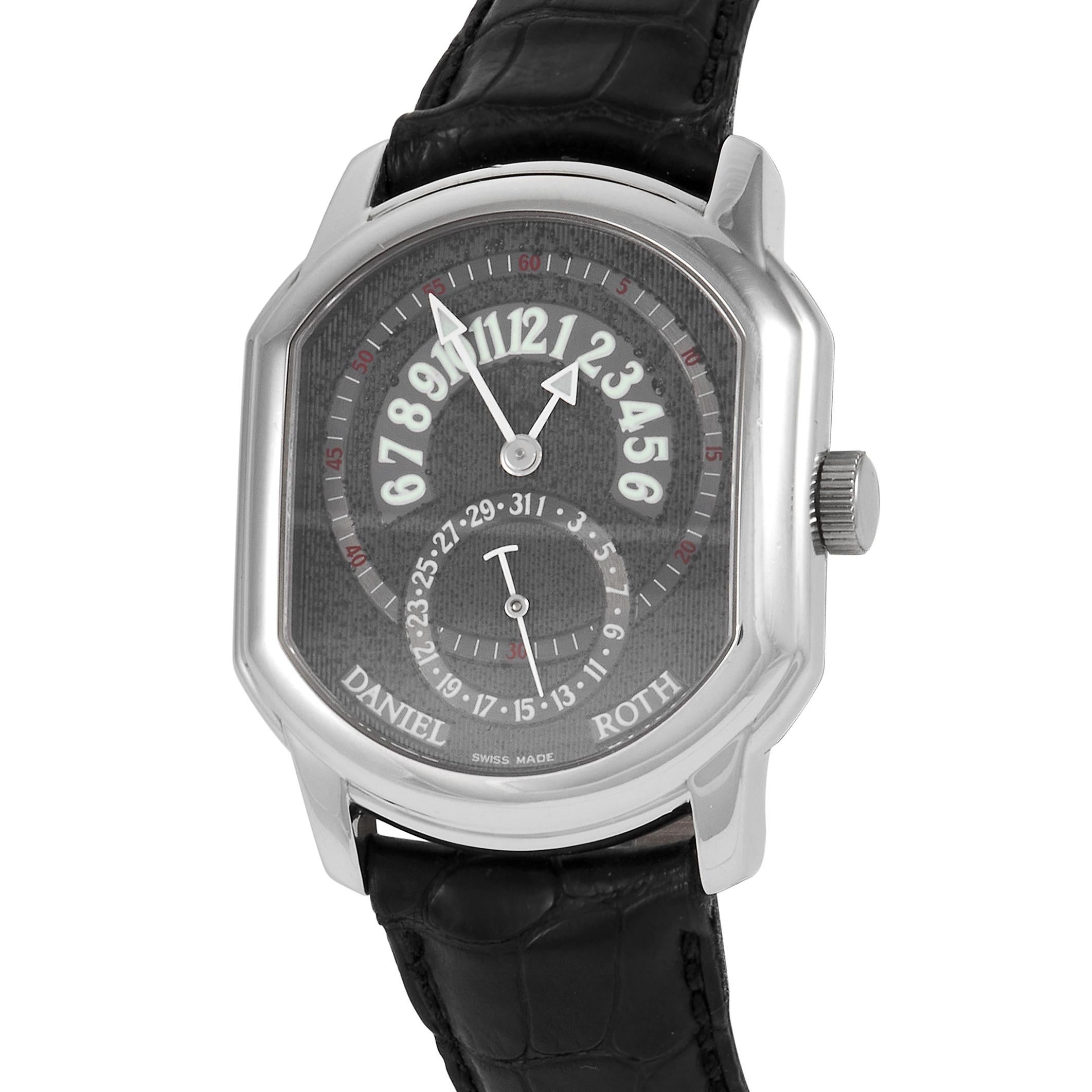 You won't regret adding this timepiece to your collection. The Daniel Roth Premier Retrograde Leather Men's Watch 807.L.10 has the iconic case shape Daniel Roth is known for. Fashioned in steel, the 41 x 35 mm case houses a black textured vertical
