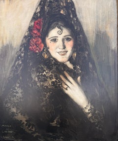 Spanische Dame mit Mantille und roter Nelke Porträt Öl 1929 Europäische Kunst
