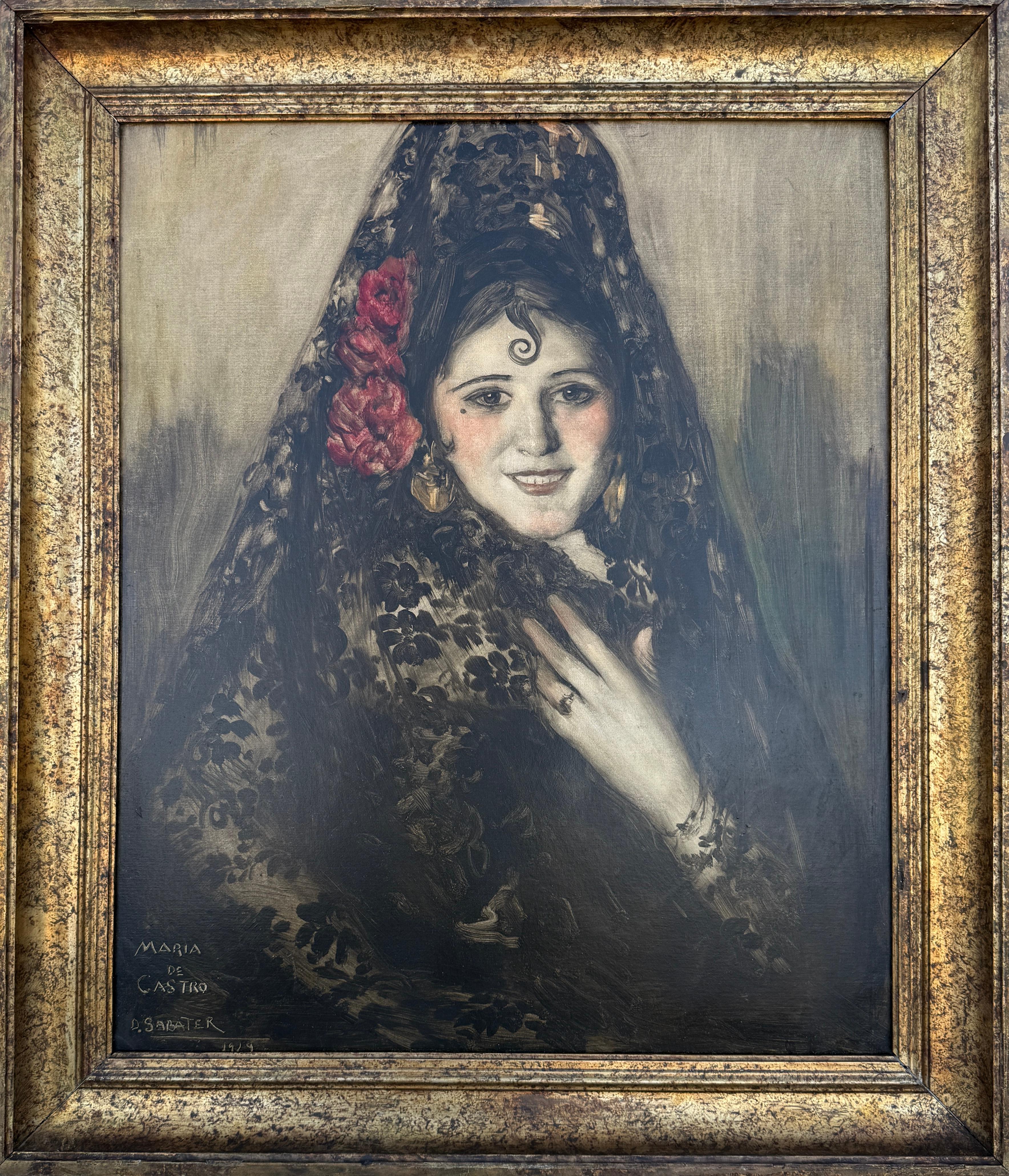 Spanische Dame mit Mantille und roter Nelke Porträt Öl 1929 Europäische Kunst