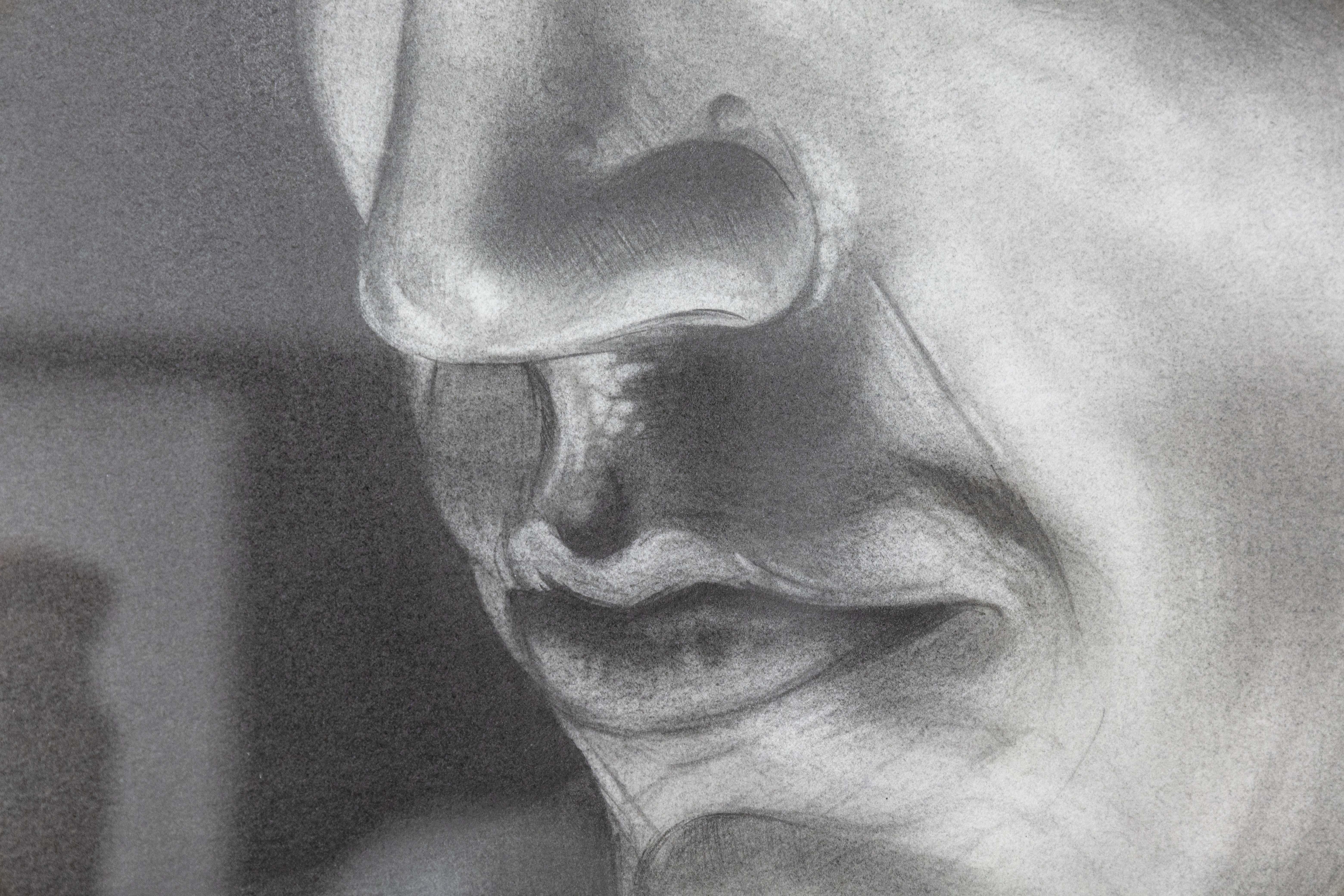 Daniel Samaniego, männliches Porträt II, Graphit- und Kohlezeichnung auf Papier, gerahmt (21. Jahrhundert und zeitgenössisch) im Angebot