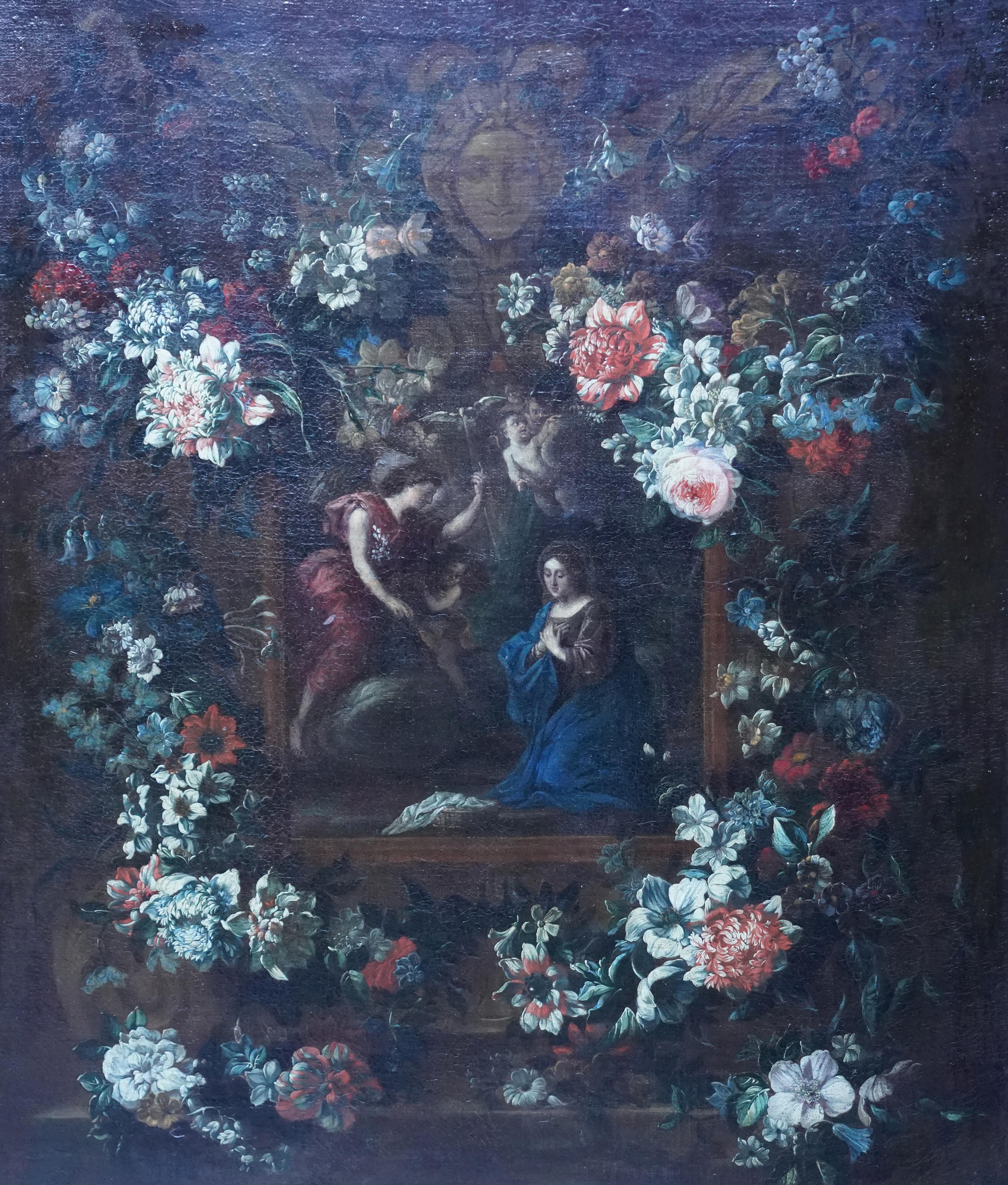 Annunciation Garland Pendant - Flemish 17thC art religious floral oil painting For Sale 8