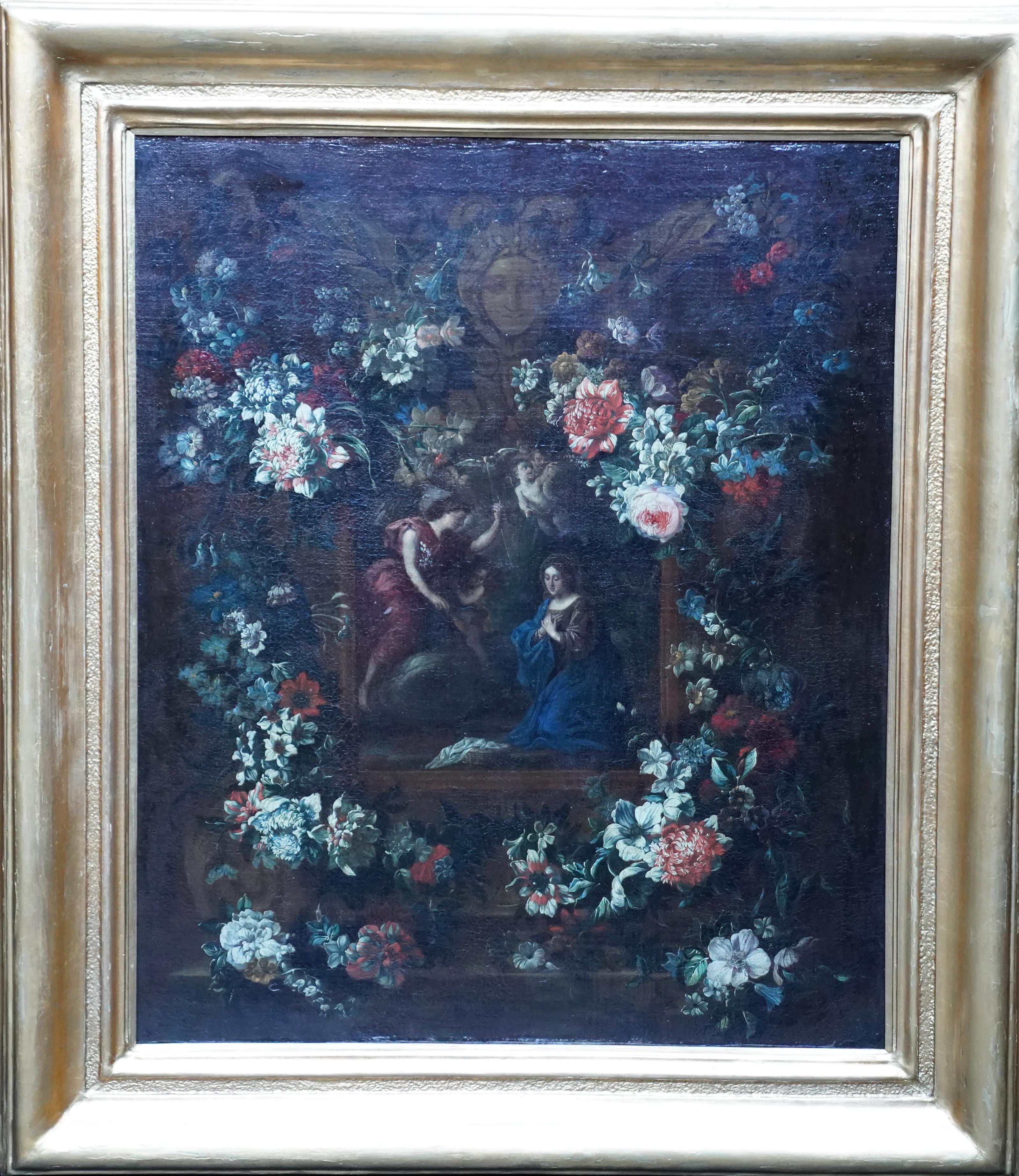 Annunciation Garland Pendant - Flemish 17thC art religious floral oil painting For Sale 9