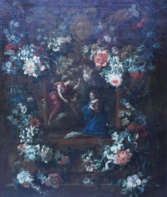 Annunciation Garland Pendant - Flemish 17thC art religious floral oil painting