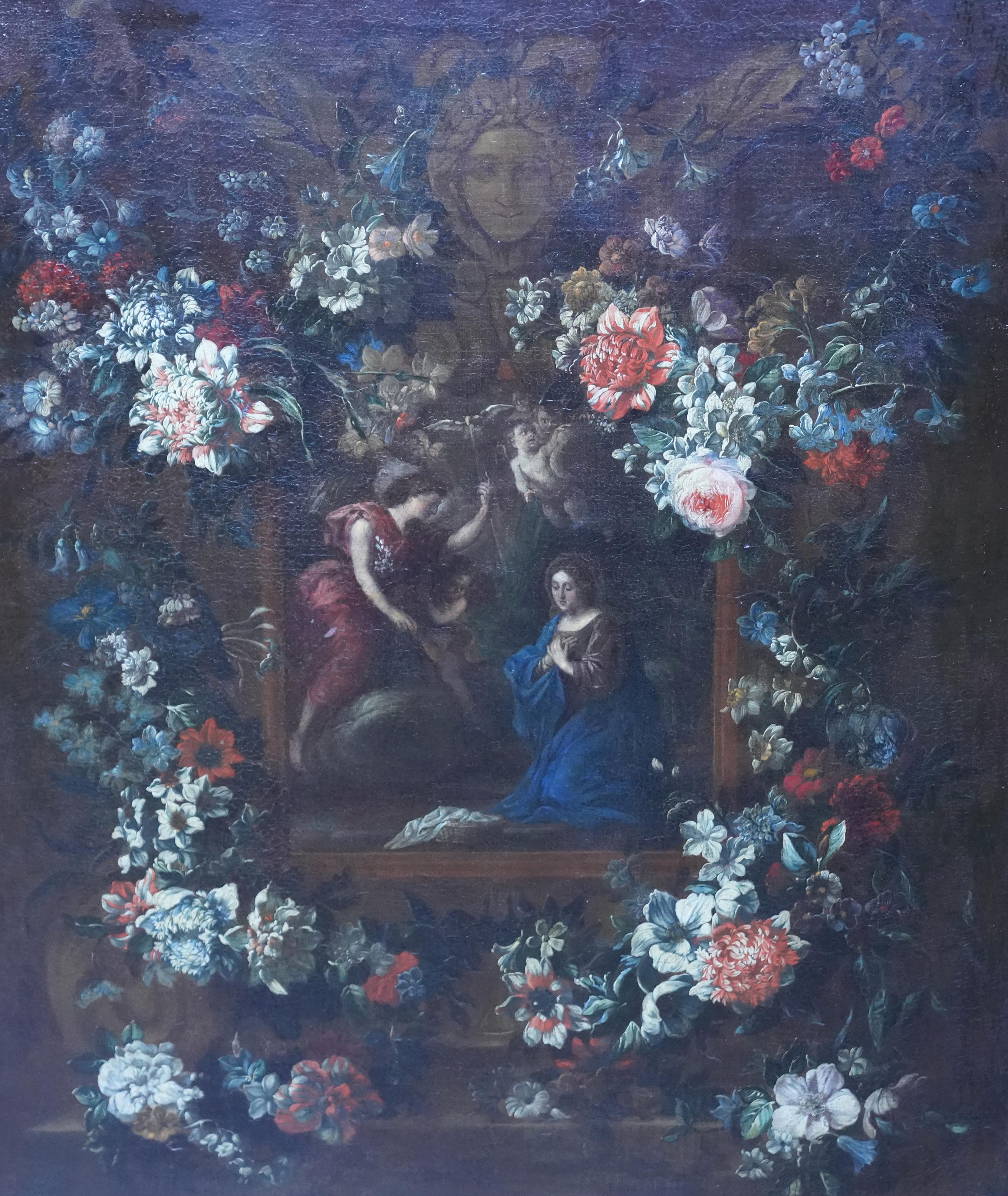 Annunciation Garland-Anhänger – flämisches religiöses Blumengemälde aus dem 17. Jahrhundert (Alte Meister), Painting, von Daniel Seghers