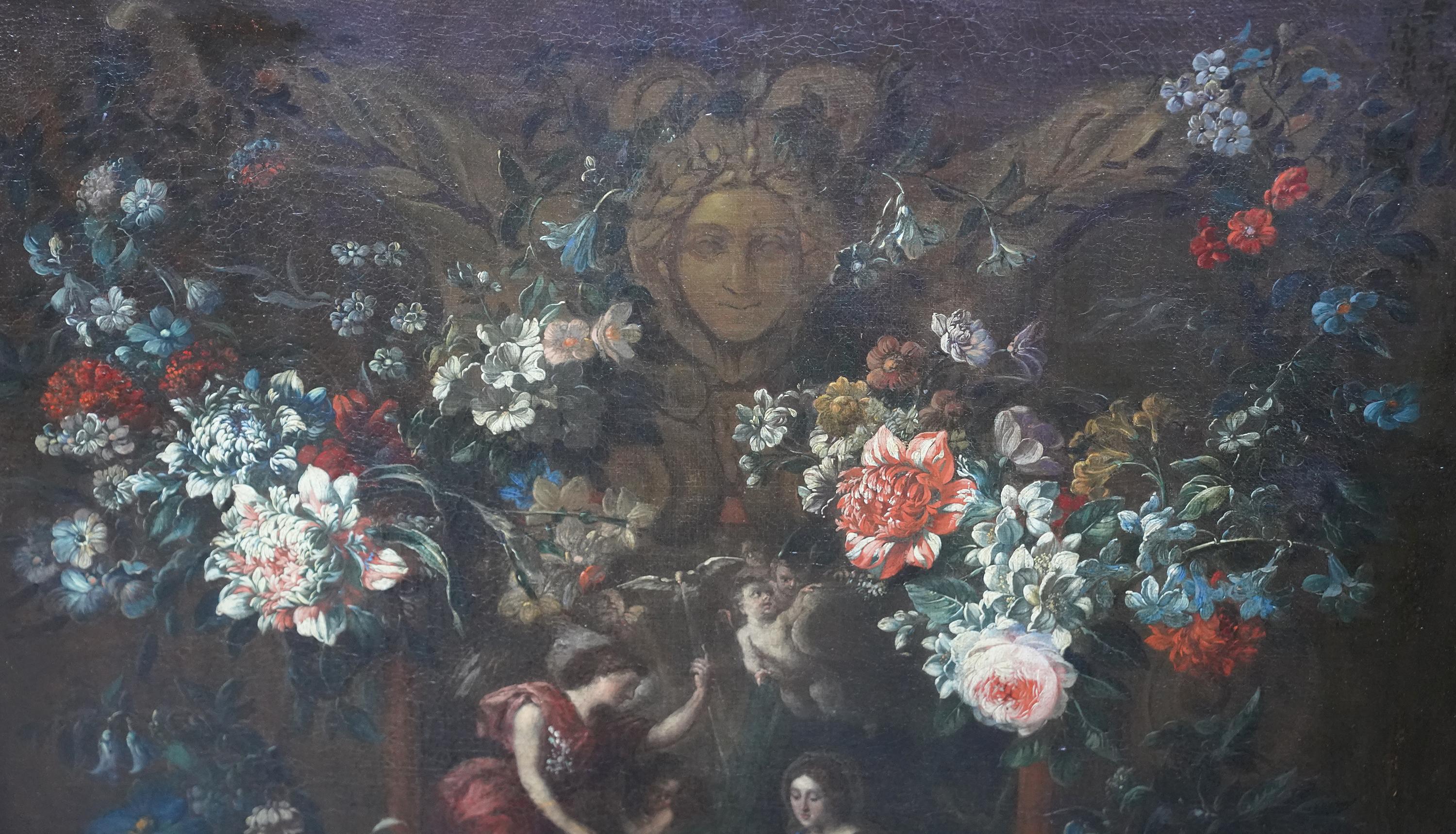 Annunciation Garland Pendant - Flemish 17thC art religious floral oil painting For Sale 1