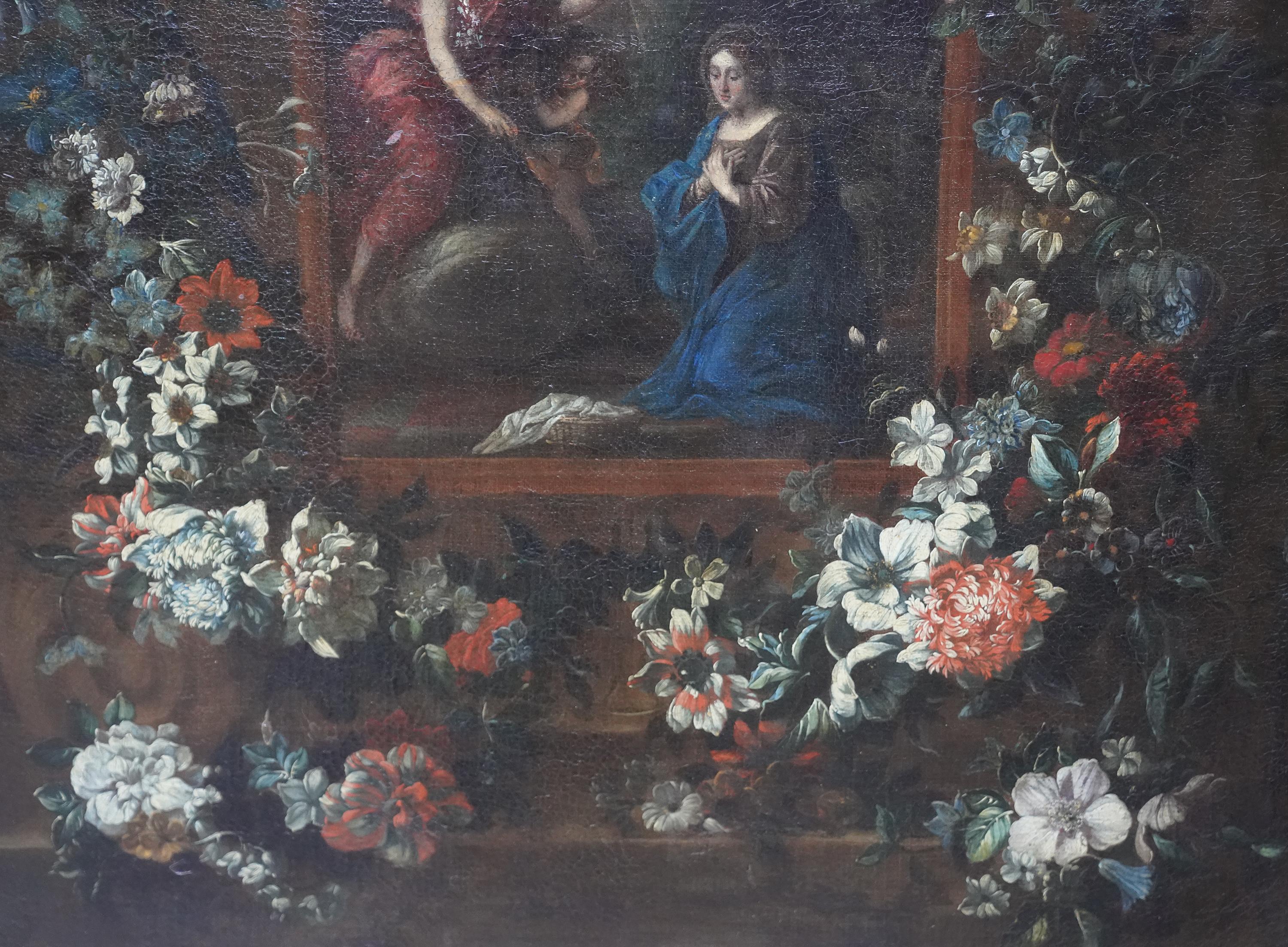 Annunciation Garland Pendant - Flemish 17thC art religious floral oil painting For Sale 2