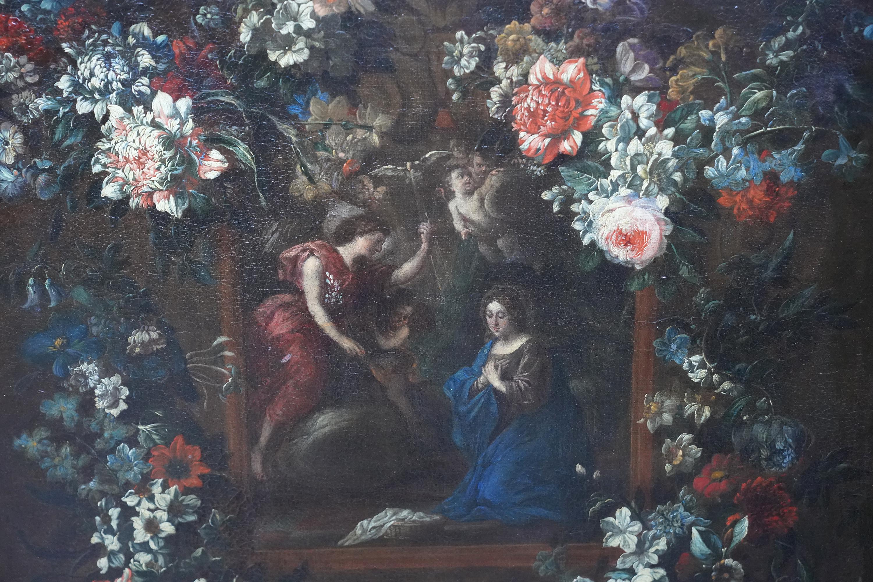 Annunciation Garland Pendant - Flemish 17thC art religious floral oil painting For Sale 3