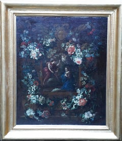 Annunciation Garland Pendant - Flemish 17thC art religious floral oil painting