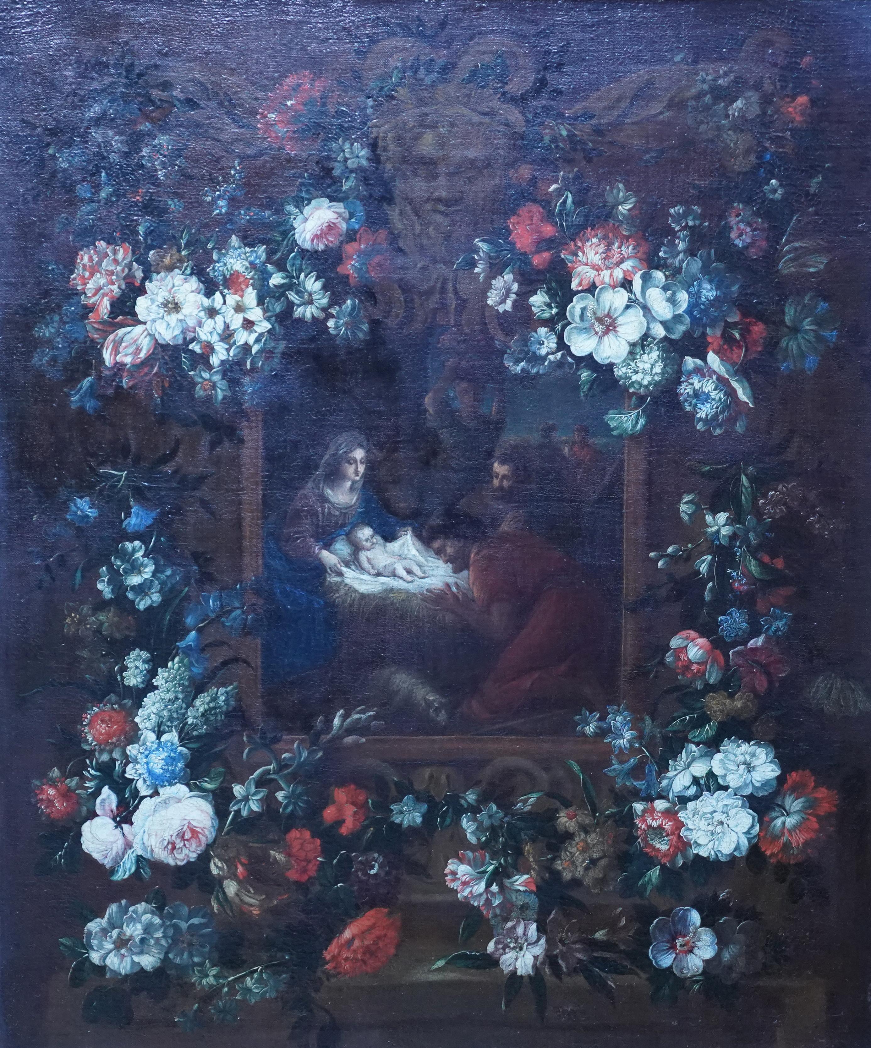 Nativity Scene Garland Pendant - Flemish 17thC art religious floral oil painting For Sale 5