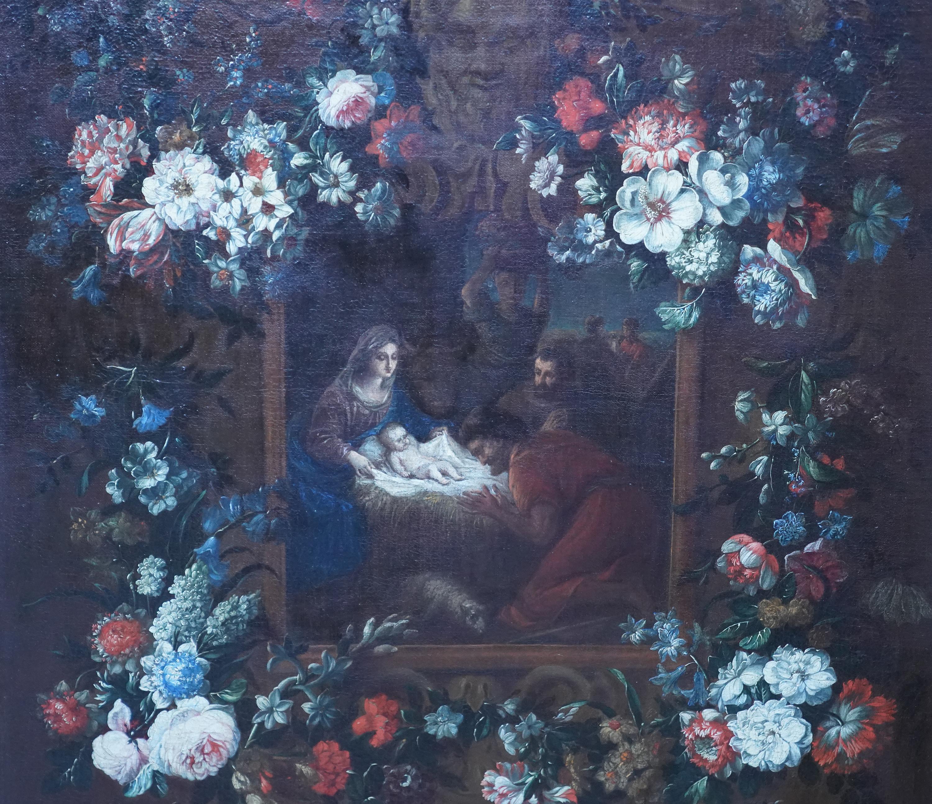 Nativity Scene Garland-Anhänger – flämisches religiöses Blumengemälde aus dem 17. Jahrhundert (Alte Meister), Painting, von Daniel Seghers