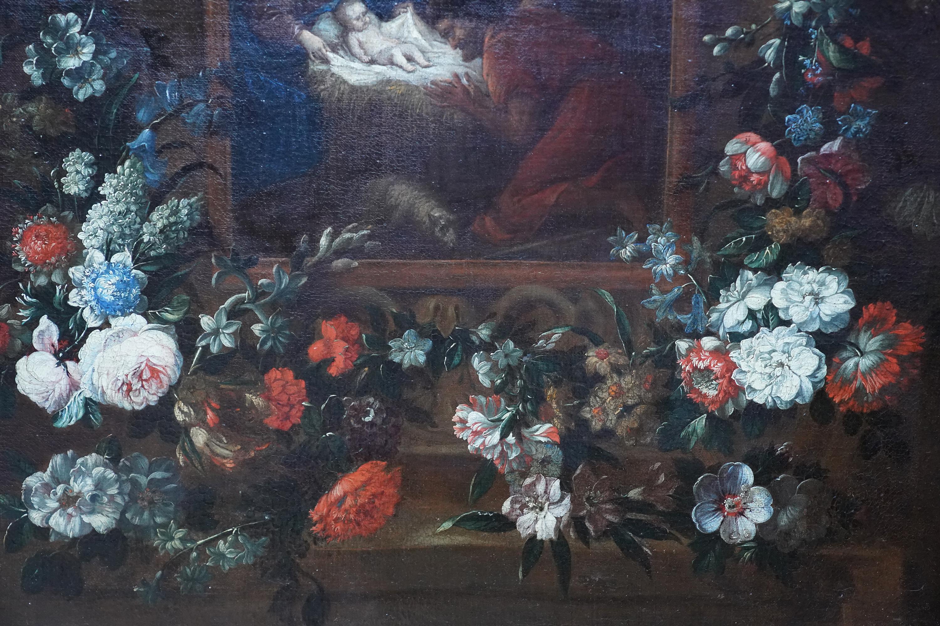 Diese  Die prächtige Trompe L'Oeil-Malerei ist in der typischen Art und Weise und Qualität des Antwerpener Jesuitenmeisters Daniel Seghers gehalten. Um 1650 gemalt, stellt die zentrale Kartusche, die wahrscheinlich von einer anderen Hand stammt, die