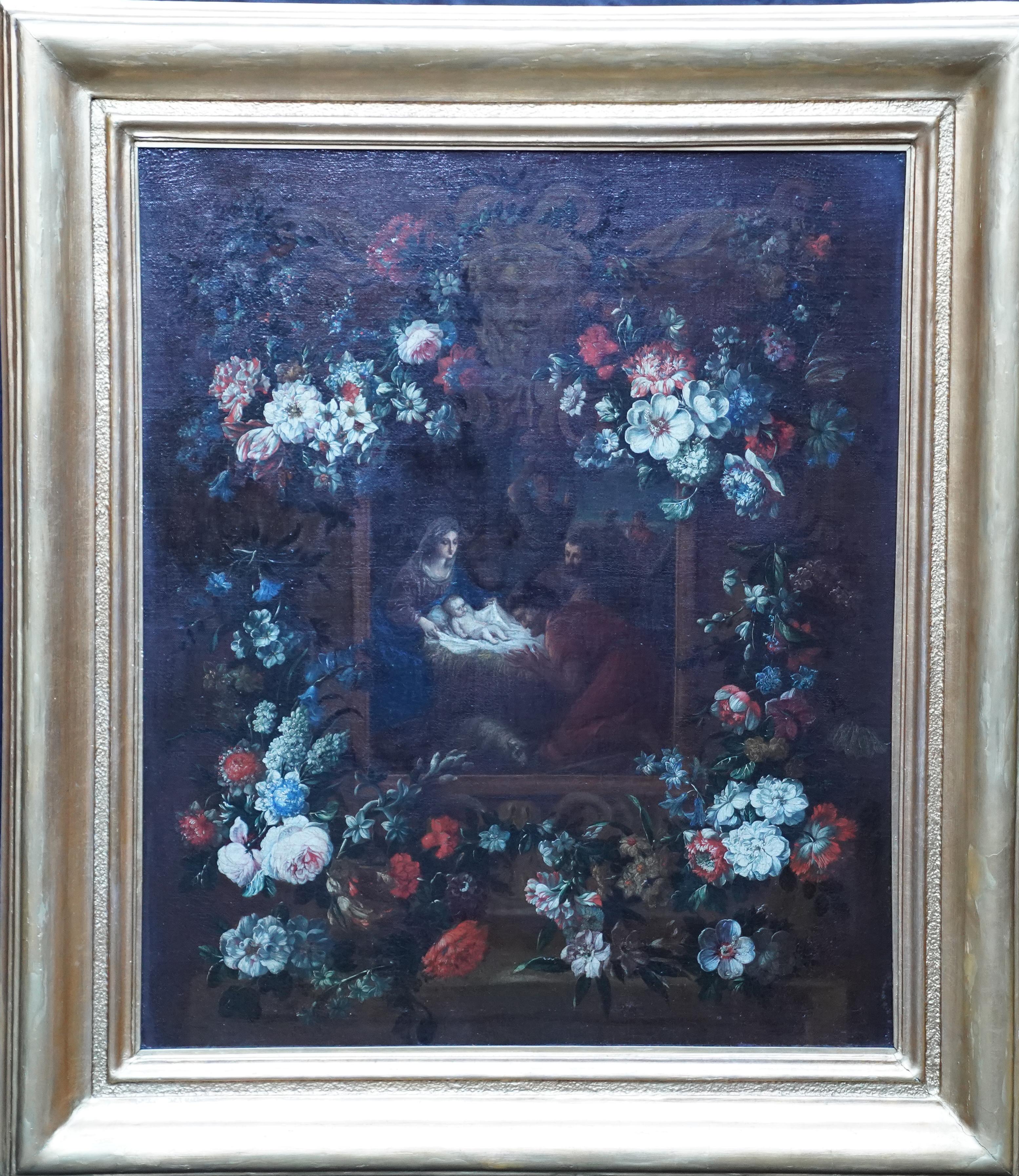 Pendentif en forme de guirlande pour la crèche - Art flamand 17e siècle peinture à l'huile religieuse et florale