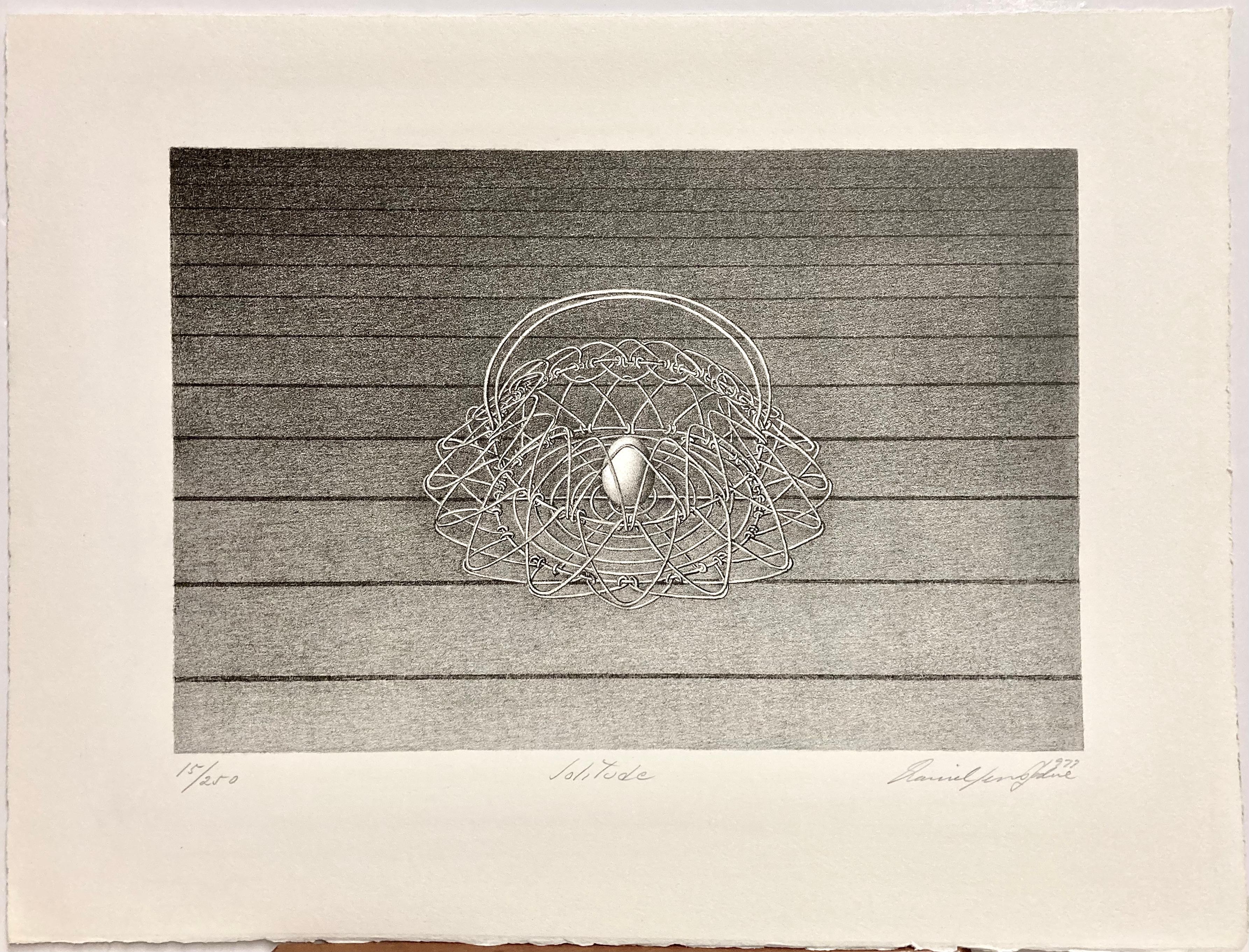 Daniel Serra-Badue was a Cuban artist working in New York City. His work is notable not only for the surrealist subject matter (a single egg in a wire basket in deep space) but for the extremely skillful work on the lithographic stone. NO ONE else