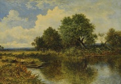 Large Antique British Signed Oil Painting Figures in Wooden Punt Summer River