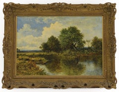 Large Antique British Signed Oil Painting Figures in Wooden Punt Summer River