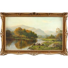 Antique Huge Victorian Oil Painting Welsh River Landscape Golden Autumnal Reflections