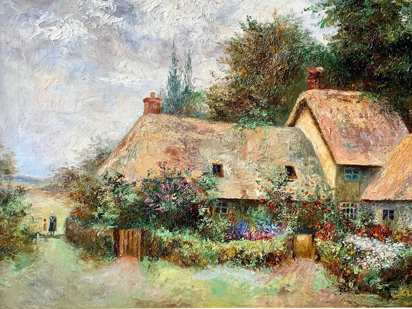 19th Century English Thatched Cottage, with flowers in a Cottage garden - Painting by Daniel Sherrin