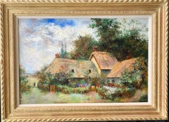 Antique 19th Century English Thatched Cottage, with flowers in a Cottage garden