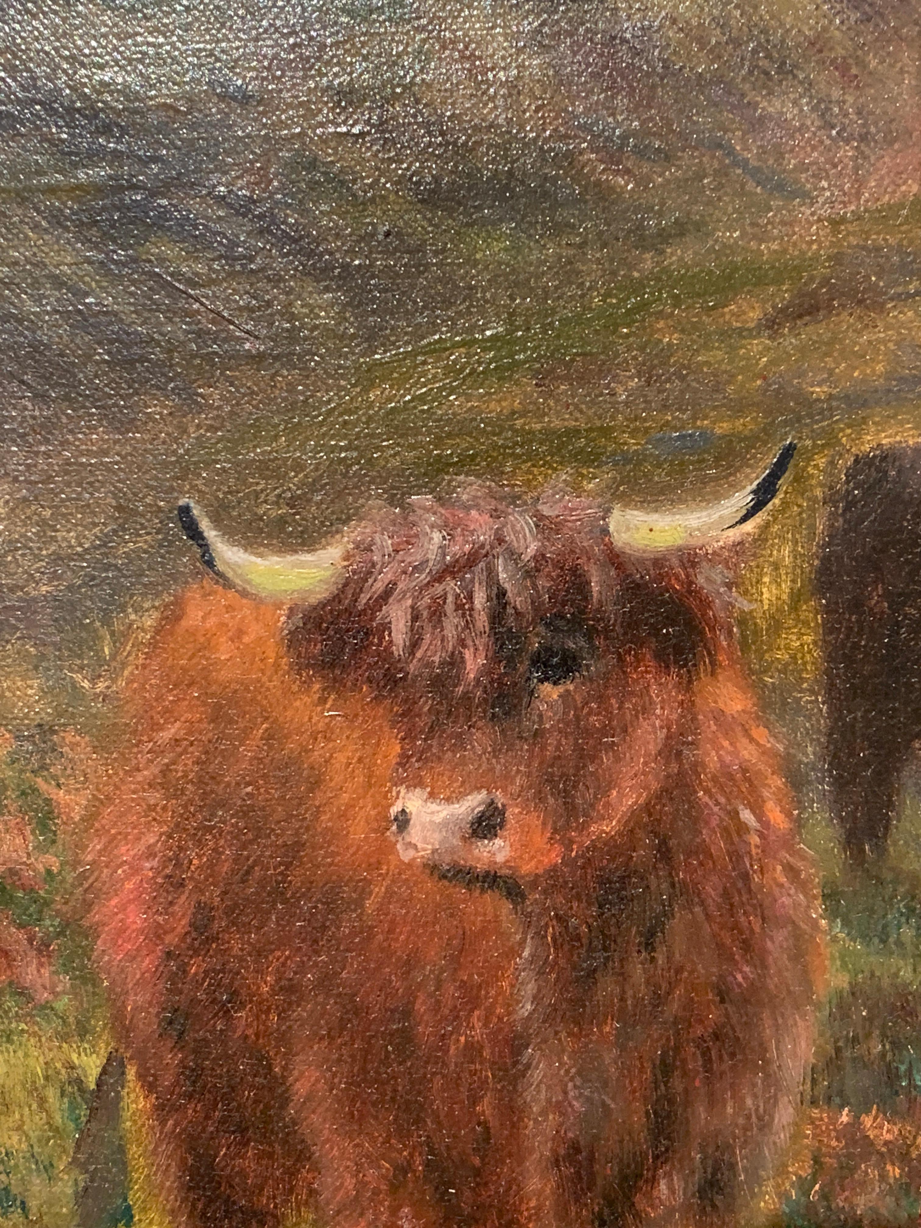 19thc Scottish landscape scene with woolly Cows and Bulls in the highlands 3