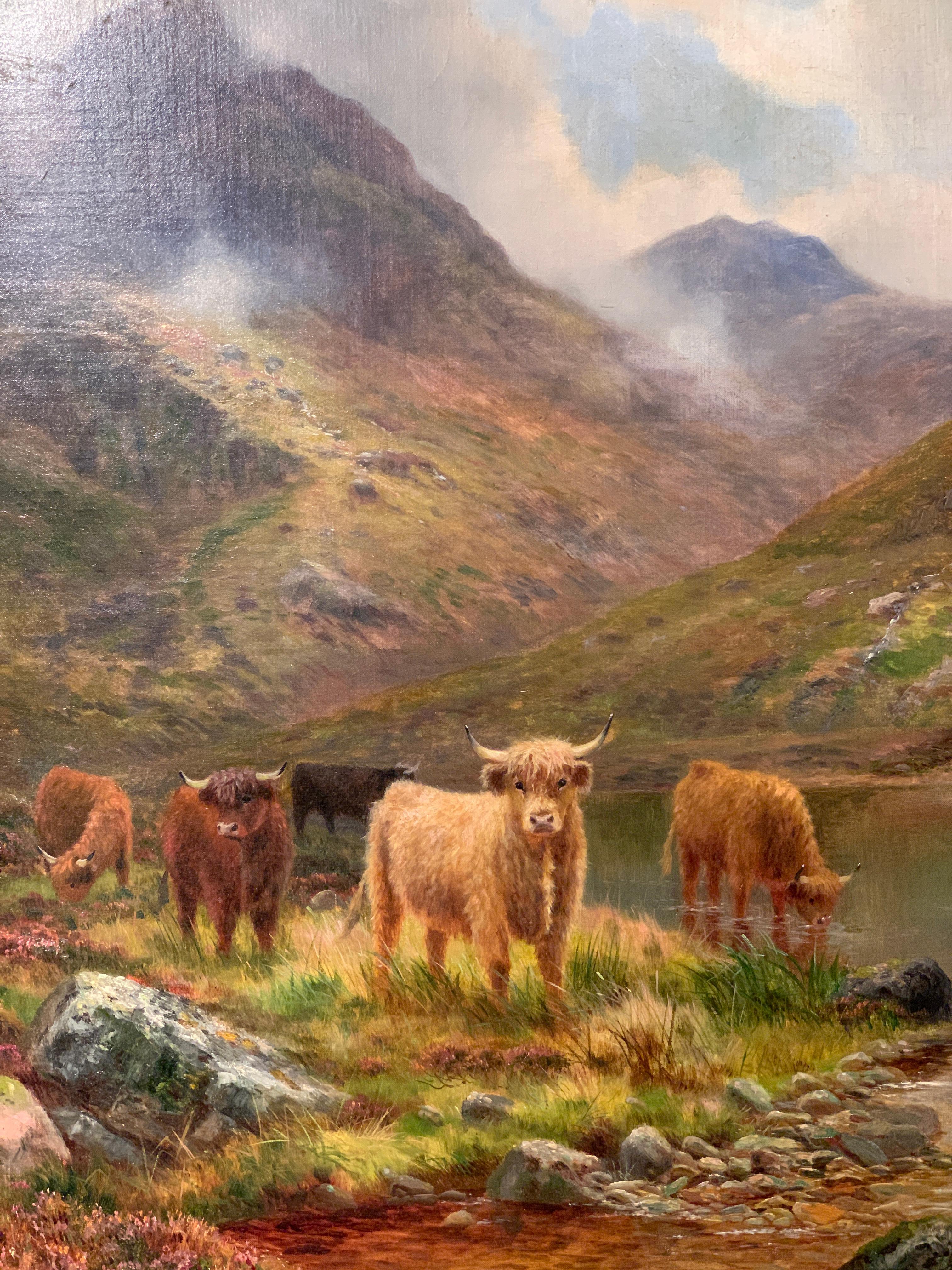 19thc Scottish landscape scene with woolly Cows and Bulls in the highlands - Painting by Daniel Sherrin