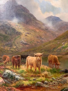 19thc Scottish landscape scene with woolly Cows and Bulls in the highlands