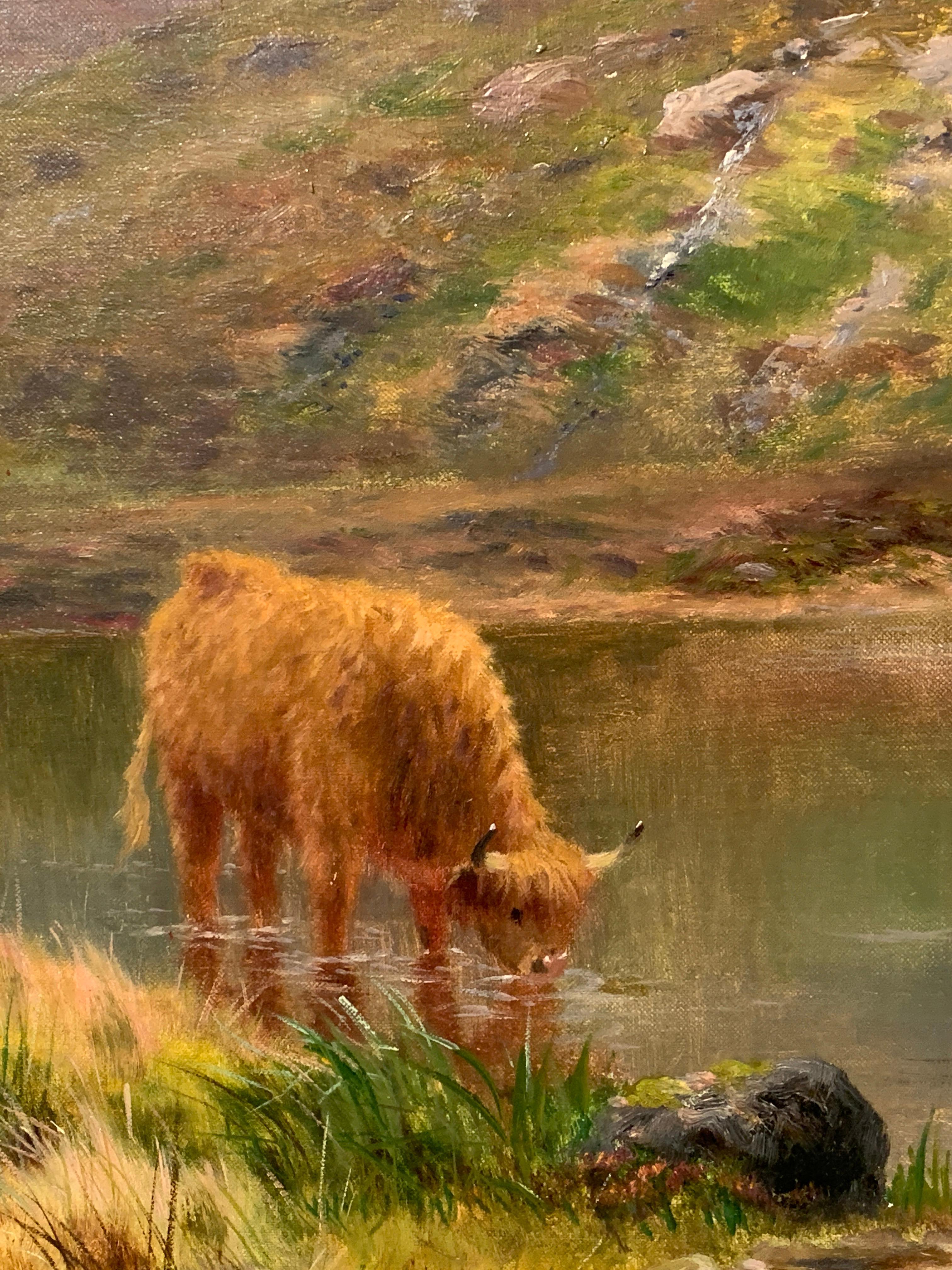 19thc Scottish landscape scene with woolly Cows and Bulls in the highlands - Victorian Painting by Daniel Sherrin