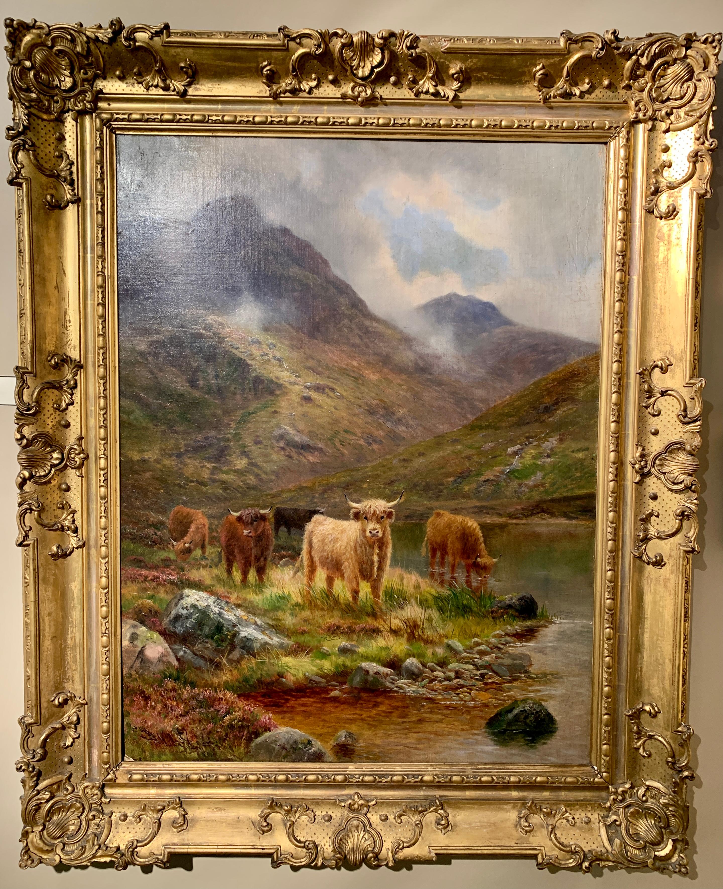 Daniel Sherrin Landscape Painting - 19thc Scottish landscape scene with woolly Cows and Bulls in the highlands