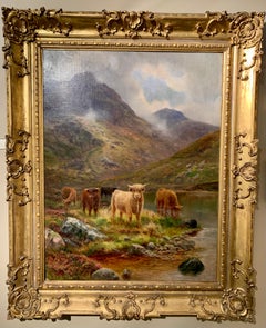 Scène de paysage écossaise du 19e siècle avec vaches et taureau en laine dans les hautes terres