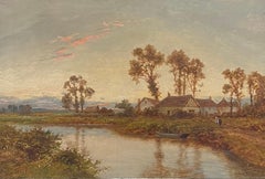 Antique English Pastoral Landscape Sunset River Cottage Large Swept Gilt Frame