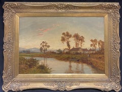 Antique English Pastoral Landscape Sunset River Cottage Large Swept Gilt Frame