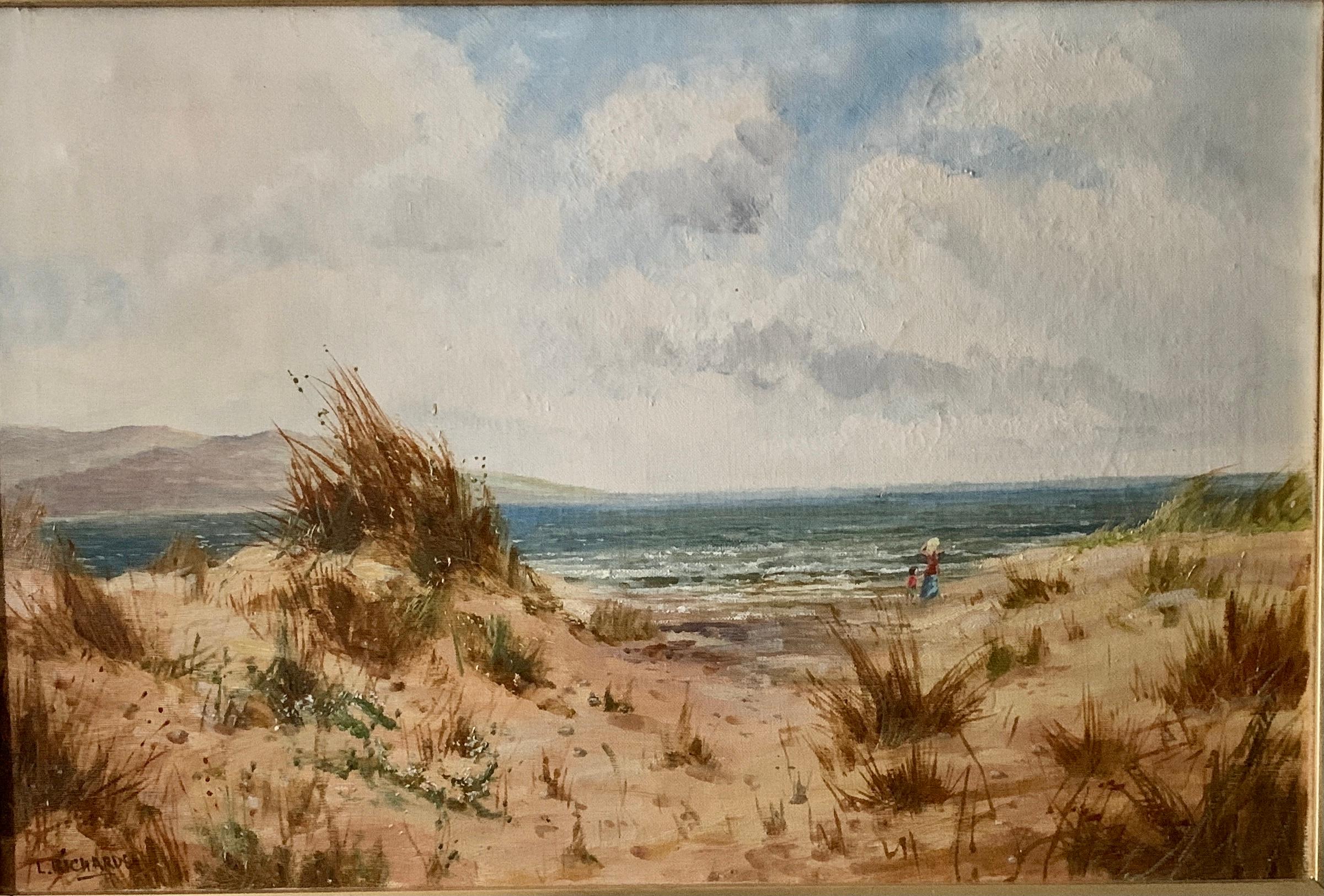 Antique oil on canvas, English beach scene, with sand dunes and people walking - Painting by Daniel Sherrin