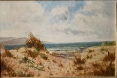 Antique oil on canvas, English beach scene, with sand dunes and people walking