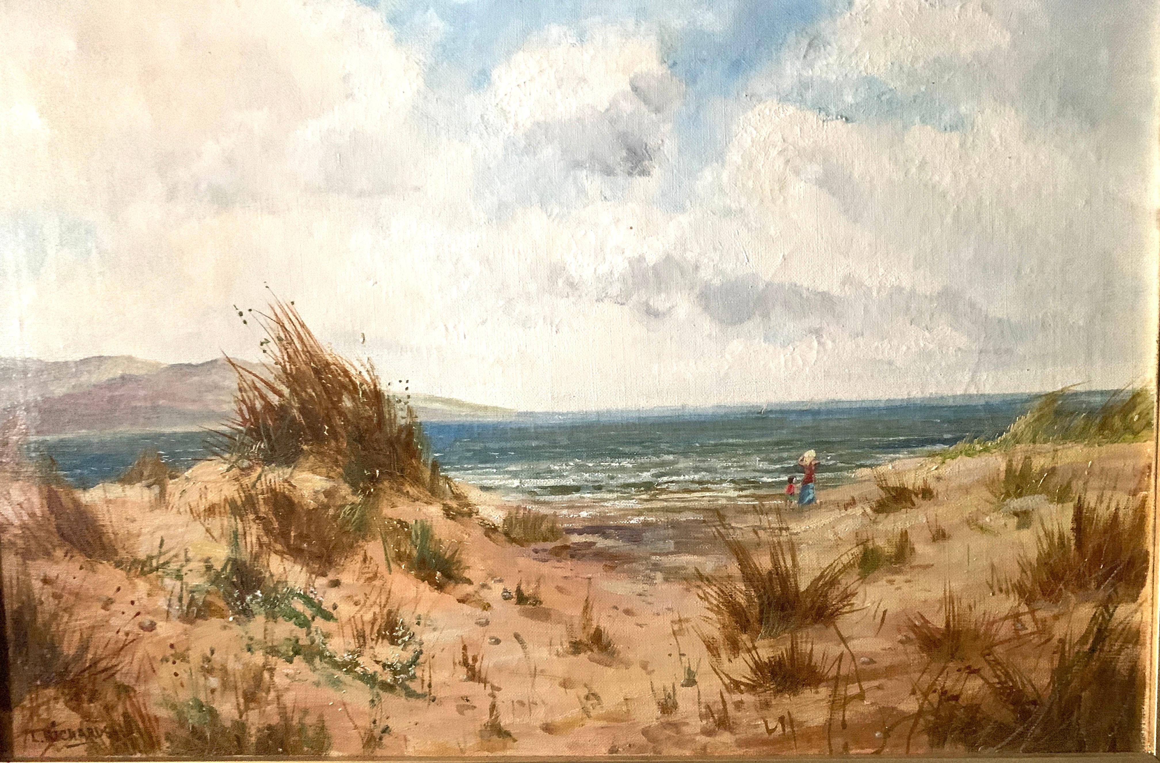 Huile ancienne sur toile, scène de plage anglaise, avec dunes de sable et des personnes se promenant - Victorien Painting par Daniel Sherrin