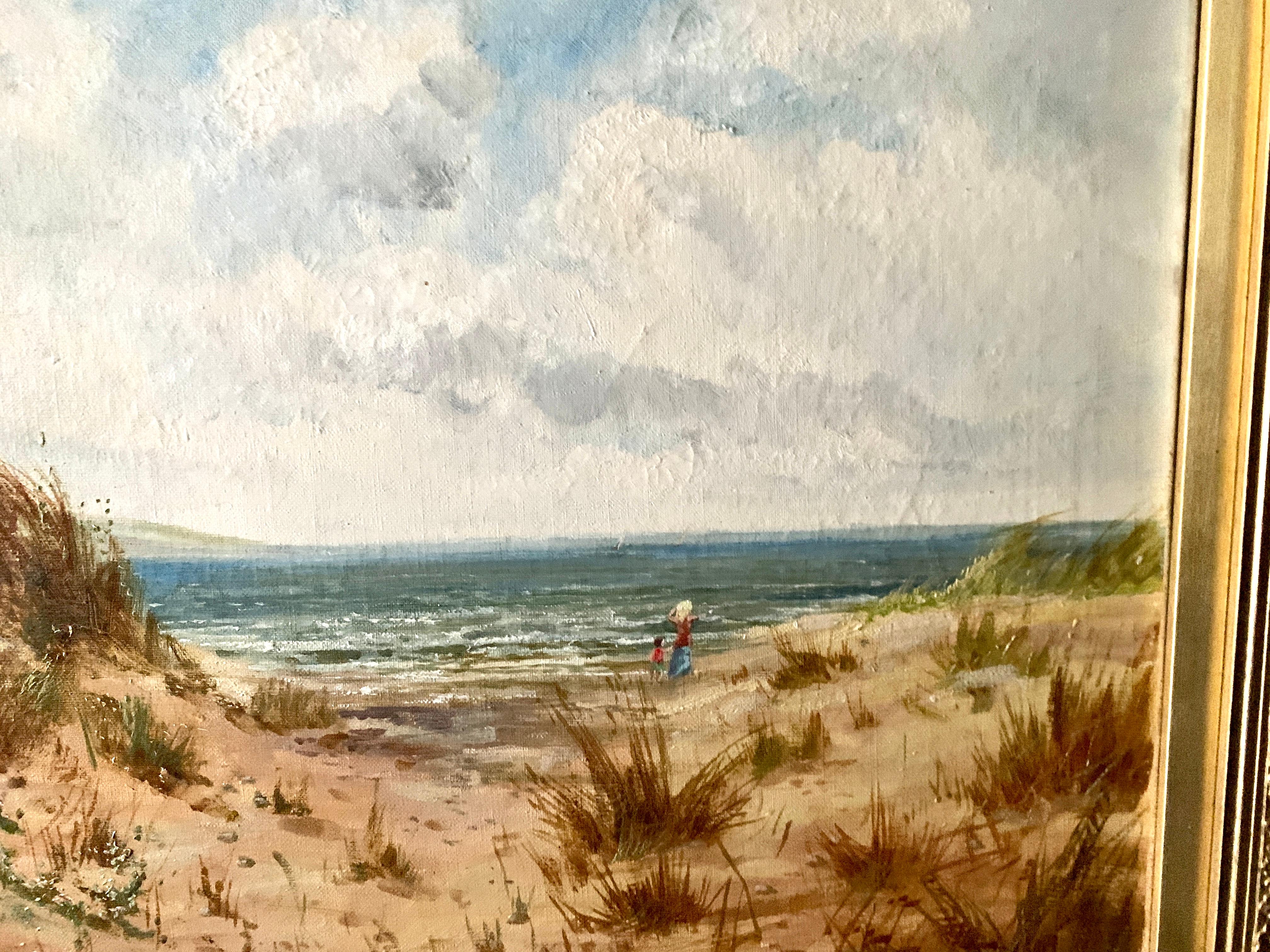 Antique oil on canvas, English beach scene, with sand dunes and people walking - Victorian Painting by Daniel Sherrin