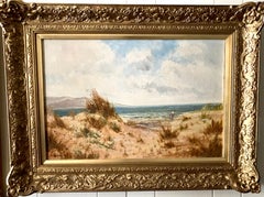 Antique oil on canvas, English beach scene, with sand dunes and people walking