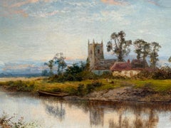Antique oil on canvas, English landscape with River, Church, Cottage at Sunrise